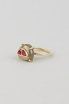 Gold Finish Semi Precious Kundan Polki Ring In Sterling Silver