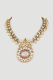 Gold Finish Semi Precious Kundan Polki Long Necklace In Sterling Silver