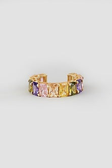 Gold Finish Multi-Colored Stone Adjustable Ring In Sterling Silver