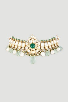 Gold Finish Kundan Polki Choker Necklace In Sterling Silver