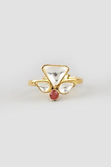 Gold Finish Kundan Polki Ring In Sterling Silver