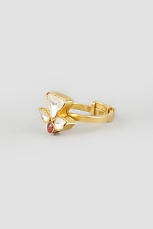 Gold Finish Kundan Polki Ring In Sterling Silver