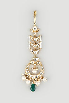 Gold Finish Semi-Precious Green Onyx Maangtikka In Sterling Silver