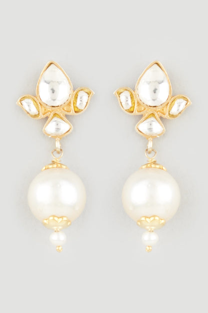 Gold Finish Mother Of Pearl & Kundan Polki Dangler Earrings In Sterling Silver