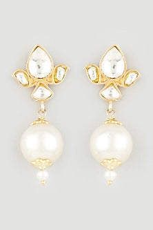 Gold Finish Mother Of Pearl & Kundan Polki Dangler Earrings In Sterling Silver