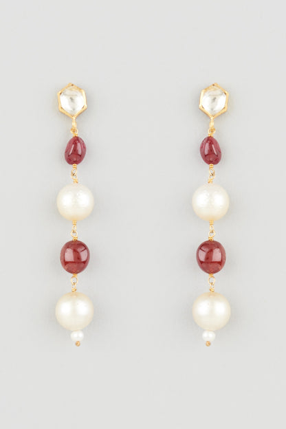 Gold Finish Mother Of Pearl & Ruby Dangler Earrings In Sterling Silver