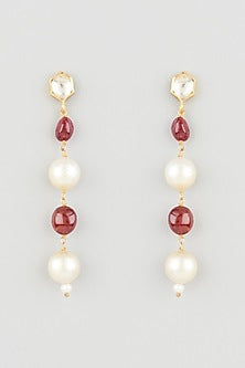Gold Finish Mother Of Pearl & Ruby Dangler Earrings In Sterling Silver