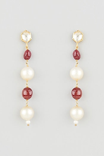 Gold Finish Mother Of Pearl & Ruby Dangler Earrings In Sterling Silver