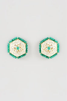 Gold Plated Kundan Polki Handcrafted Stud Earrings In Sterling Silver