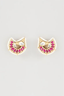 Gold Plated Kundan Polki Handcrafted Stud Earrings In Sterling Silver