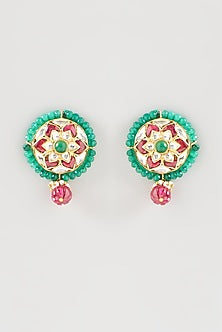 Gold Plated Kundan Polki Handcrafted Stud Earrings In Sterling Silver