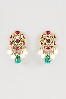 Gold Plated Kundan Polki Handcrafted Dangler Earrings In Sterling Silver