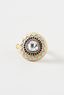 Gold Plated Kundan Polki Handcrafted Ring In Sterling Silver