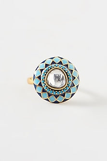 Gold Plated Kundan Polki Handcrafted Ring In Sterling Silver