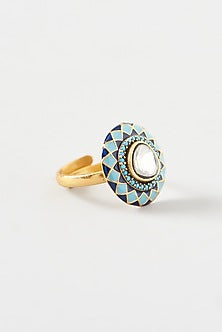 Gold Plated Kundan Polki Handcrafted Ring In Sterling Silver