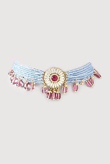 Gold Plated Kundan Polki Handcrafted Choker Necklace In Sterling Silver
