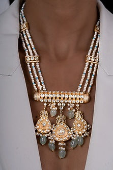 Gold Plated Kundan Polki Long Necklace Set In Sterling Silver