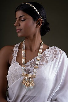 Gold Plated Kundan Polki Long Necklace Set In Sterling Silver