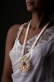 Gold Plated Kundan Polki Long Necklace In Sterling Silver