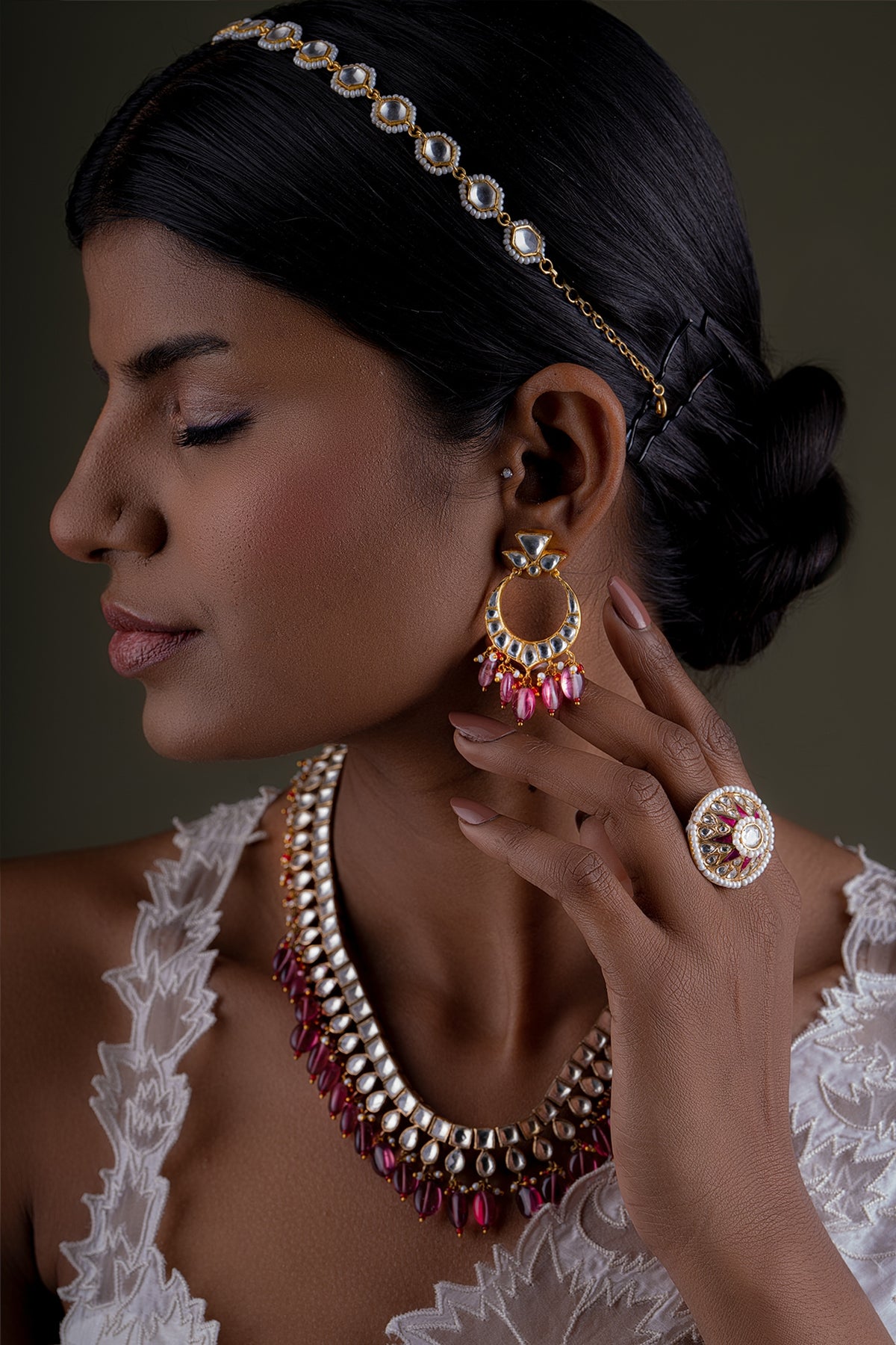 Gold Plated Kundan Polki Chandbali Earrings In Sterling Silver
