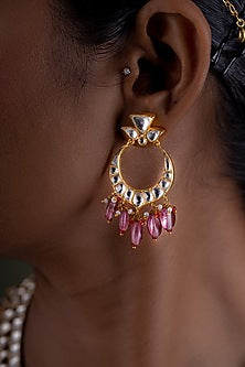 Gold Plated Kundan Polki Chandbali Earrings In Sterling Silver
