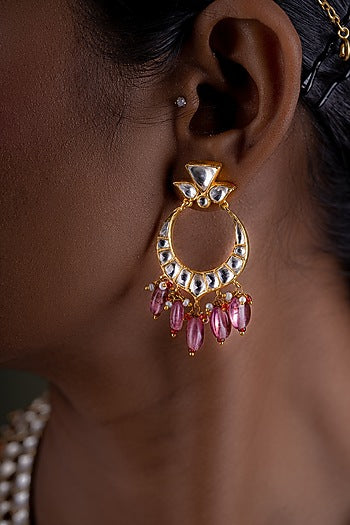 Gold Plated Kundan Polki Chandbali Earrings In Sterling Silver
