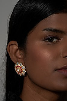 Gold Plated Kundan Polki Stud Earrings In Sterling Silver