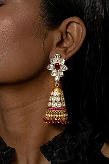 Gold Plated Kundan Polki Dangler Earrings In Sterling Silver