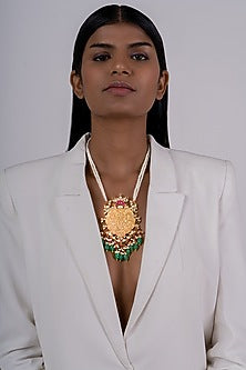 Gold Plated Kundan Polki Long Necklace In Sterling Silver