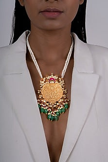 Gold Plated Kundan Polki Long Necklace In Sterling Silver