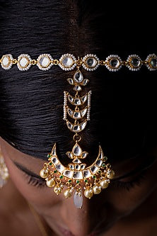 Gold Plated Kundan Polki Maang Tikka In Sterling Silver