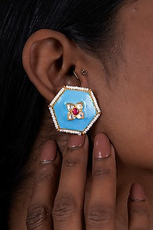 Gold Plated Blue Kundan Polki Stud Earrings In Sterling Silver