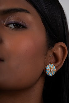 Gold Plated Blue Kundan Polki Stud Earrings In Sterling Silver