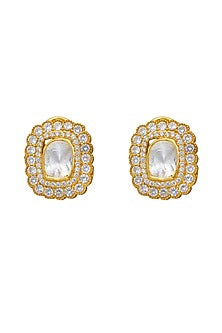 Gold Plated Kundan Polki Stud Earrings In Sterling Silver