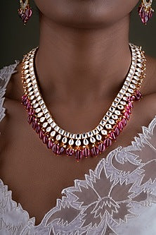 Gold Plated Pink Kundan Polki Handcrafted Necklace Set In Sterling Silver