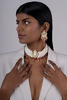 Gold Plated Kundan Polki Choker Necklace In Sterling Silver