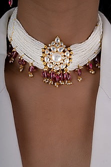 Gold Plated Kundan Polki Choker Necklace In Sterling Silver