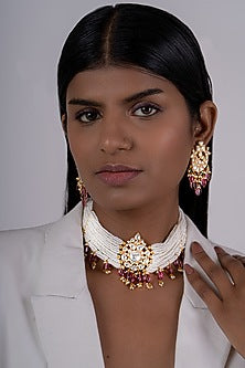 Gold Plated Kundan Polki Choker Necklace In Sterling Silver