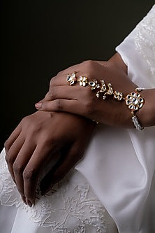 Gold Plated Kundan Polki Hathphool In Sterling Silver