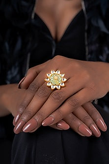 Gold Plated Kundan Polki Ring In Sterling Silver