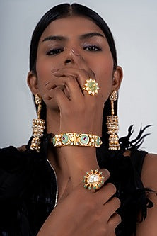 Gold Plated Kundan Polki Ring In Sterling Silver