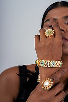 Gold Plated Kundan Polki Ring In Sterling Silver