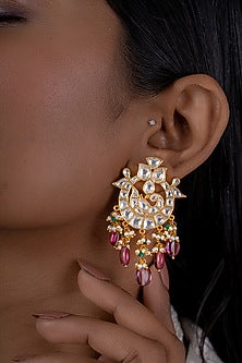 Gold Plated Kundan Polki Chandbaali Earrings In Sterling Silver