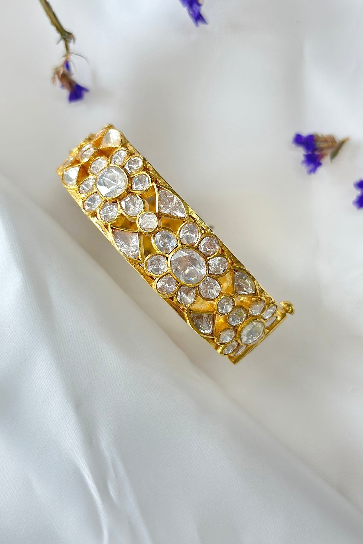Gold Plated Kundan Polki Handcrafted Bangle In Sterling Silver