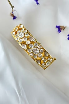 Gold Plated Kundan Polki Handcrafted Bangle In Sterling Silver