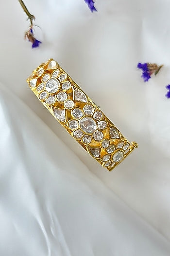 Gold Plated Kundan Polki Handcrafted Bangle In Sterling Silver