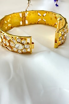 Gold Plated Kundan Polki Handcrafted Bangle In Sterling Silver
