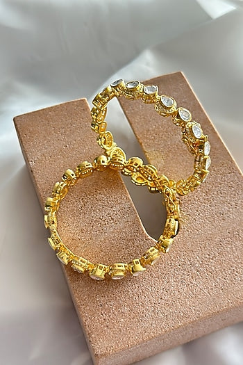 Gold Plated Kundan Polki Handcrafted Bangle In Sterling Silver