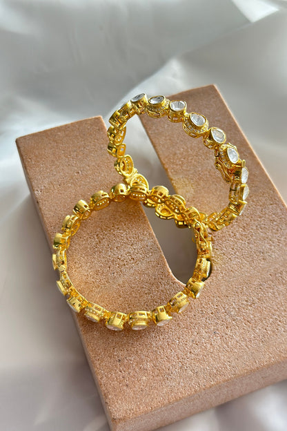 Gold Plated Kundan Polki Handcrafted Bangle In Sterling Silver