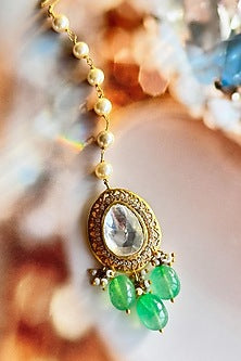 Gold Plated Green Kundan Polki Handcrafted Maangtikka In Sterling Silver